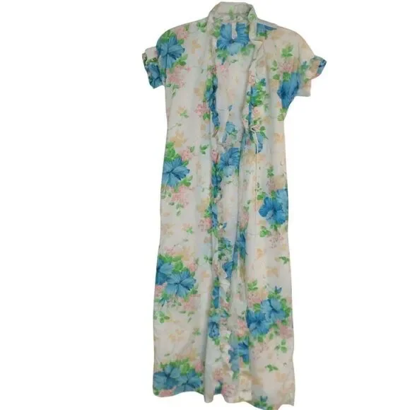 Vintage 70s Robe Womens S White Blue Floral Ruffle Tie Short Sleeve